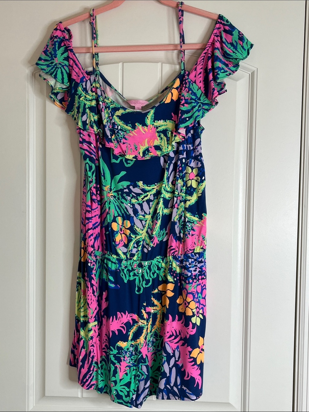 Lily Pulitzer-Klea Romper- Floral Off-Shoulder, Navy Pink & Green-XL